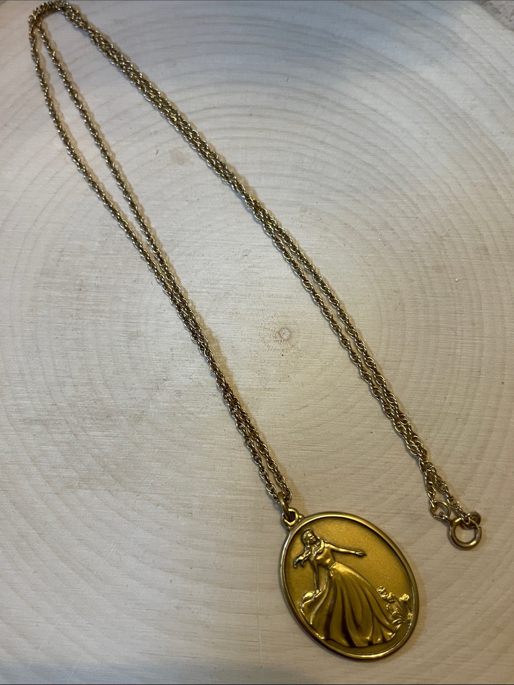 Gold-tone Oval Woman Repousse Medallion Necklace - Picture 7 of 8